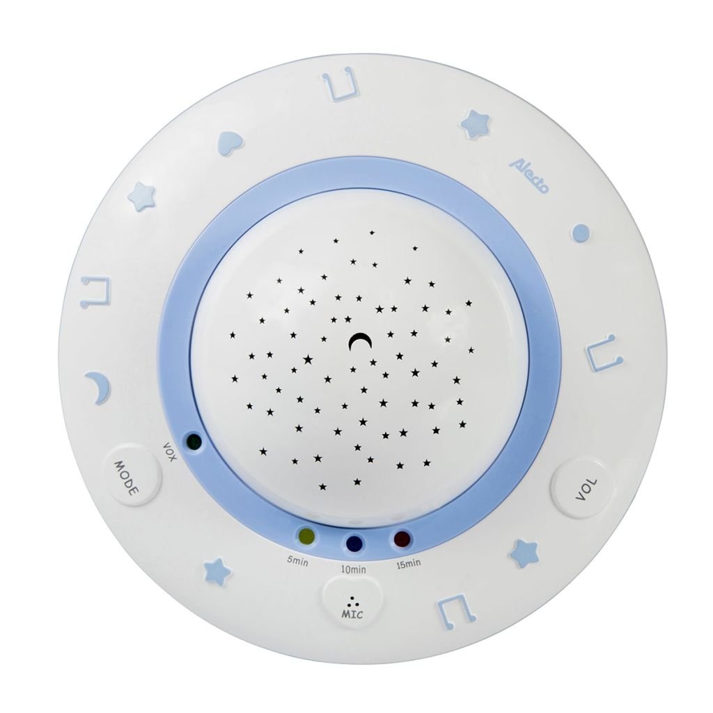 De dalt a baix view of the Alecto BC-125 projector, showing touch controls for mode, volume, and timer settings.