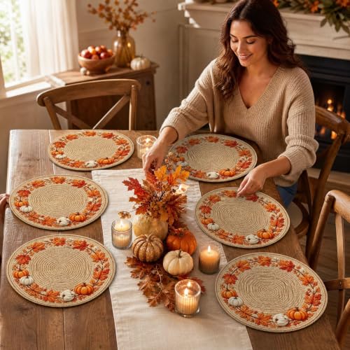 6pcs Thanksgiving Themed Woven Round Placemats, Farmhouse Table Decor - image 6