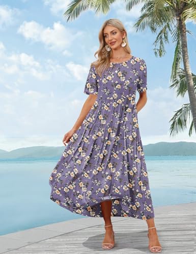 Image of YESNO Women Casual Loose Bohemian Floral Dress with Pockets Short Sleeve Long Maxi Summer Beach Swing Dress EJF