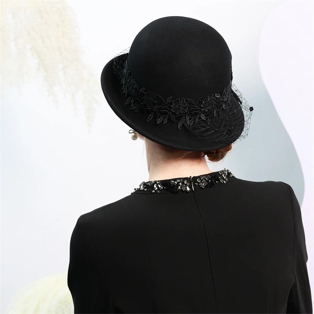 Wvapzxx Elegante cappello a bombetta per le donne inverno feltro di lana Fedora con velo pizzo fiore chiesa matrimonio formale cappello