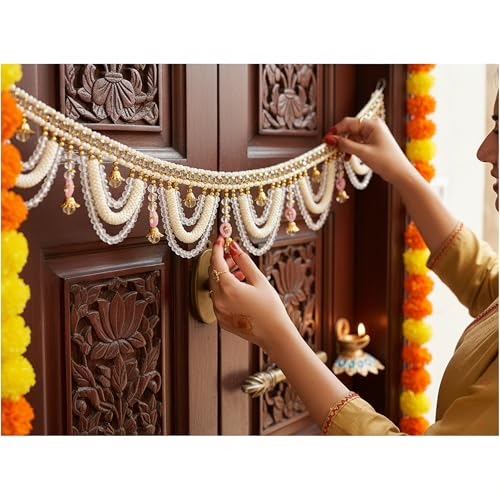 NVF® Traditional Pearl Beaded Toran for Main Door - Elegant White...
