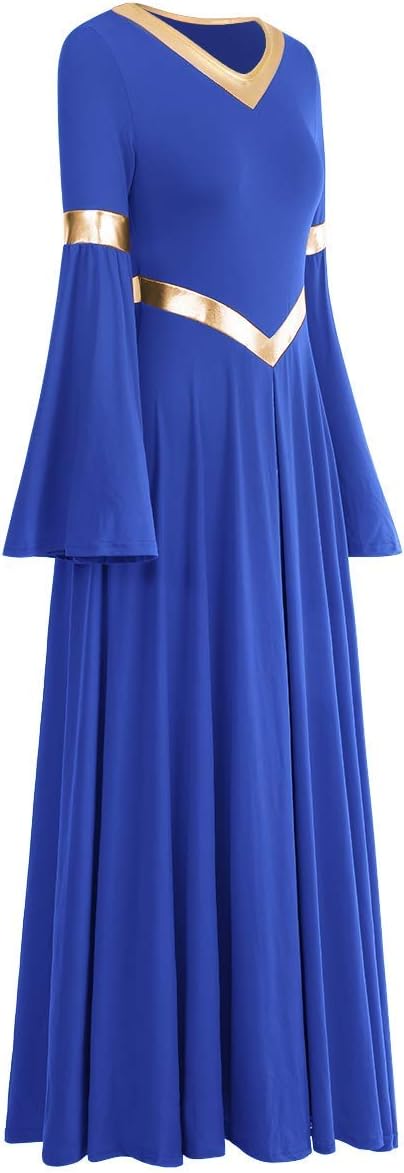 Metallic Praise Dance Dresses for Women Liturgical Lyrical Dancewear Bell Long Sleeve Dance Dress Worship Gown Costume - Image 2