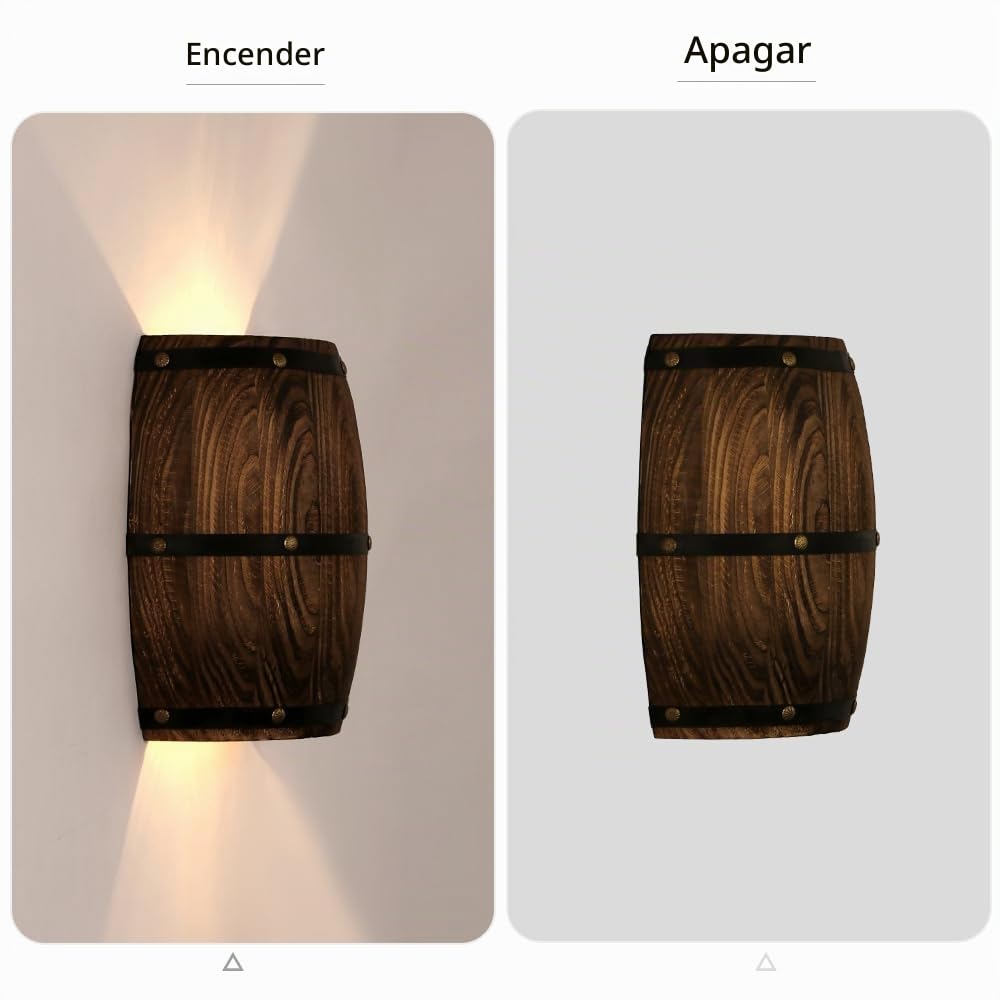 Antique 2 Tomacorrientes Wood Wine Barrel Aplique de pared Accesorio de iluminación Arriba y abajo Lámparas de pared interiores para el área de la barra Tema Steampunk