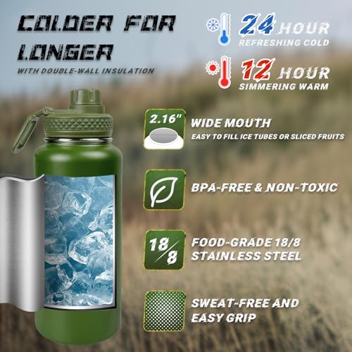 Image of 32 oz Insulated Water Bottle with Sleeve - Tactical Stainless Steel Gym Water Bottles for Men, Sports Water Bottle for Hiking Camping Outdoor with Camo Pouch