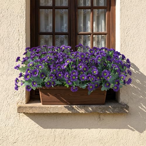 Image of HyeFlora Artificial Mums for Outdoors Fall Decor, 6 Bundles Fake Flowers UV Resistant Realistic Faux Flowers Bouquet Silk Flowers for Outside Planter Porch Patio Garden Yard Balcony Home, Purple