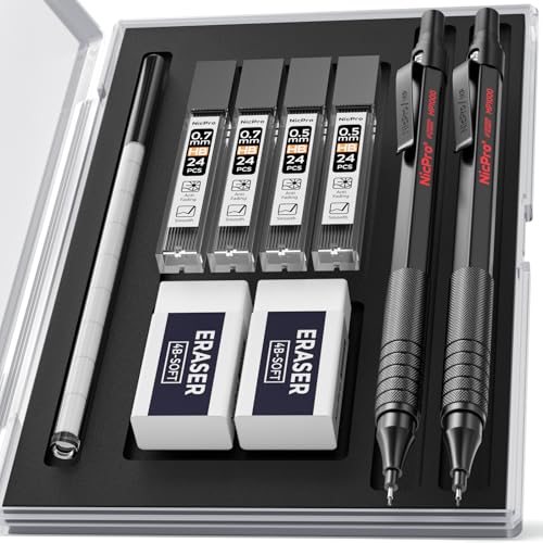 Nicpro 2 Pièces Porte-Mines Noirs avec étui, Criterium 0,5 mm et 0,7 mm avec Recharge de Mine HB et Gommes, Crayon Mécanique pour l'art, le Dessin,...