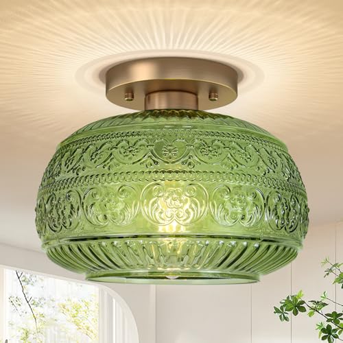 Semi Flush Mount Ceiling Light Fixture, 11" Vintage Gold Hallway Lights Fixture Ceiling with Green Glass for Kitchen, Hallway, Bathroom and Entry Way,Compatible with E26 Light Bulb
