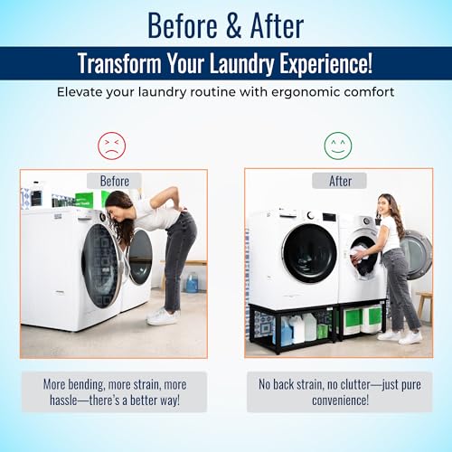 Washer and Dryer Pedestals - Ergonomic 27" Platform - 16" Height with Easy Setup - Supports Up to 800 lbs - Alloy Steel with Leak Protection - Includes Drain Pan & Hose - Black Finish