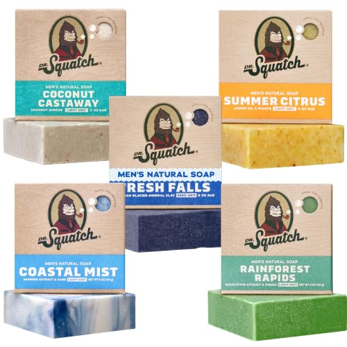 Image of Dr. Squatch Natural Men's Bar Soap - Cold Process Body Soap Bar with Natural Oils - Gifts for Men - Summer Citrus, Coconut Castaway, Fresh Falls, Coastal Mist & More (5 oz, 5-Pack, Scents May Vary)