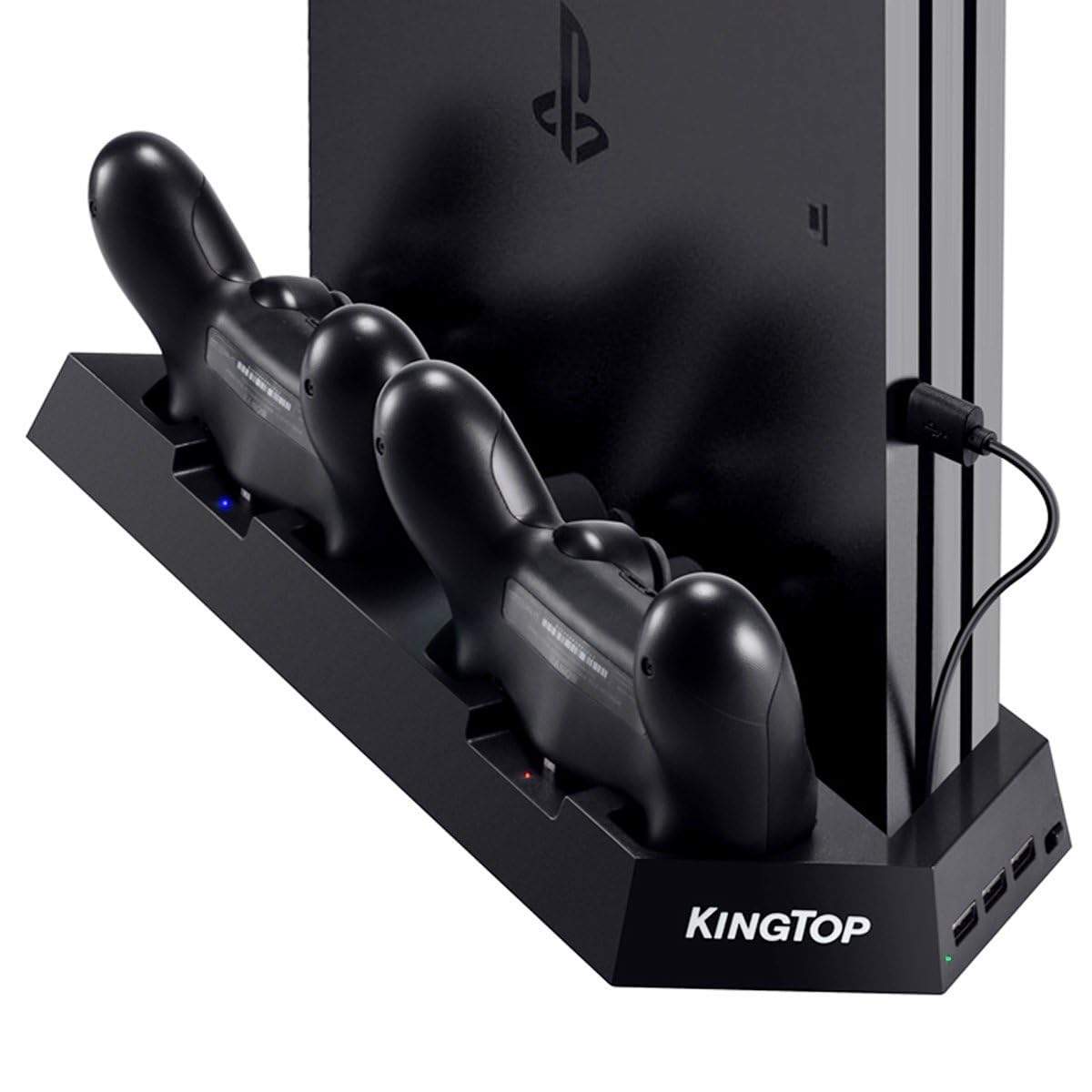KINGTOP PS4 Stand with Cooling Fan, Vertical Stand for PS4, PS4 Pro, PS4 Slim, Dual Charging Station, 1 USB & 2 HUB Ports, Efficient PS4 Cooling Fan, Space-Saving Design, Keeps Console Cool