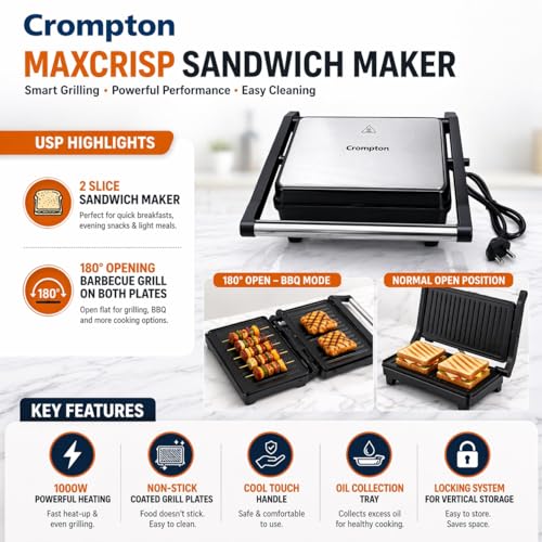 Image of Crompton ACGT-MAXCRISP2S 1000W Grill Sandwich Maker | 2 Slice Capacity | Non-Stick Grill Plates | LED Indicator | Removable Drip Tray | Non-Skid Feet | Silver (2 Slice)
