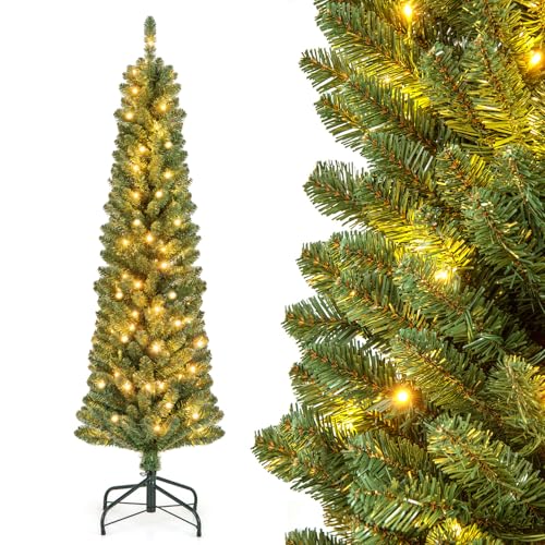 Goplus 5ft Pre-Lit Slim Pencil Christmas Tree, Artificial Skinny Xmas Tree with Quick Shape Technology, 295 Lush Branch Tips, 110 Warm White LED Lights, Slender Holiday Tree for Home Office Decoration