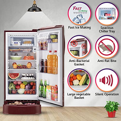 Image of LG 204 L 5 Star Direct-Cool Inverter Single Door Refrigerator Appliance (??GL-D211HRRZ, Ruby Regal, Base Stand with Drawer & Smart Connect, 2022 Model)