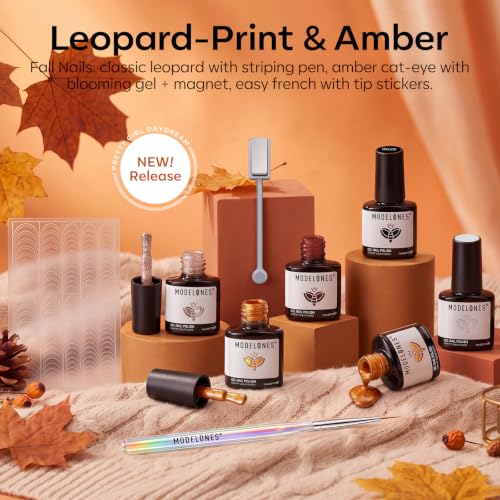 Image of modelones Fall Gel Nail Polish Set, Amber French Tip Leopard-Print Theme | 6 Colors Blooming Brown Jelly Nude Maroon Black Gold Glitter Cat Eye Gel Polish, with Magnet & Liner Pen & French Stickers