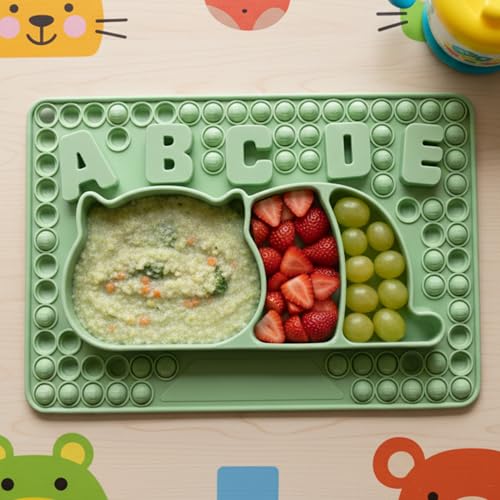 Image of BabyPro Pop-It Silicone Plate & Bowl, Suction Base, Sage Green, Food Grade | Baby Feeding Plate, BPA-Free, 3 Sections, Microwave & Dishwasher Safe