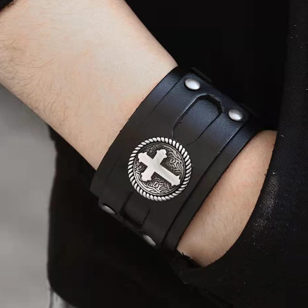 NIGHTCRUZ Wide Leather Bracelet with Cross, Medieval Leather Cuff Wristband for Mens - Image 5
