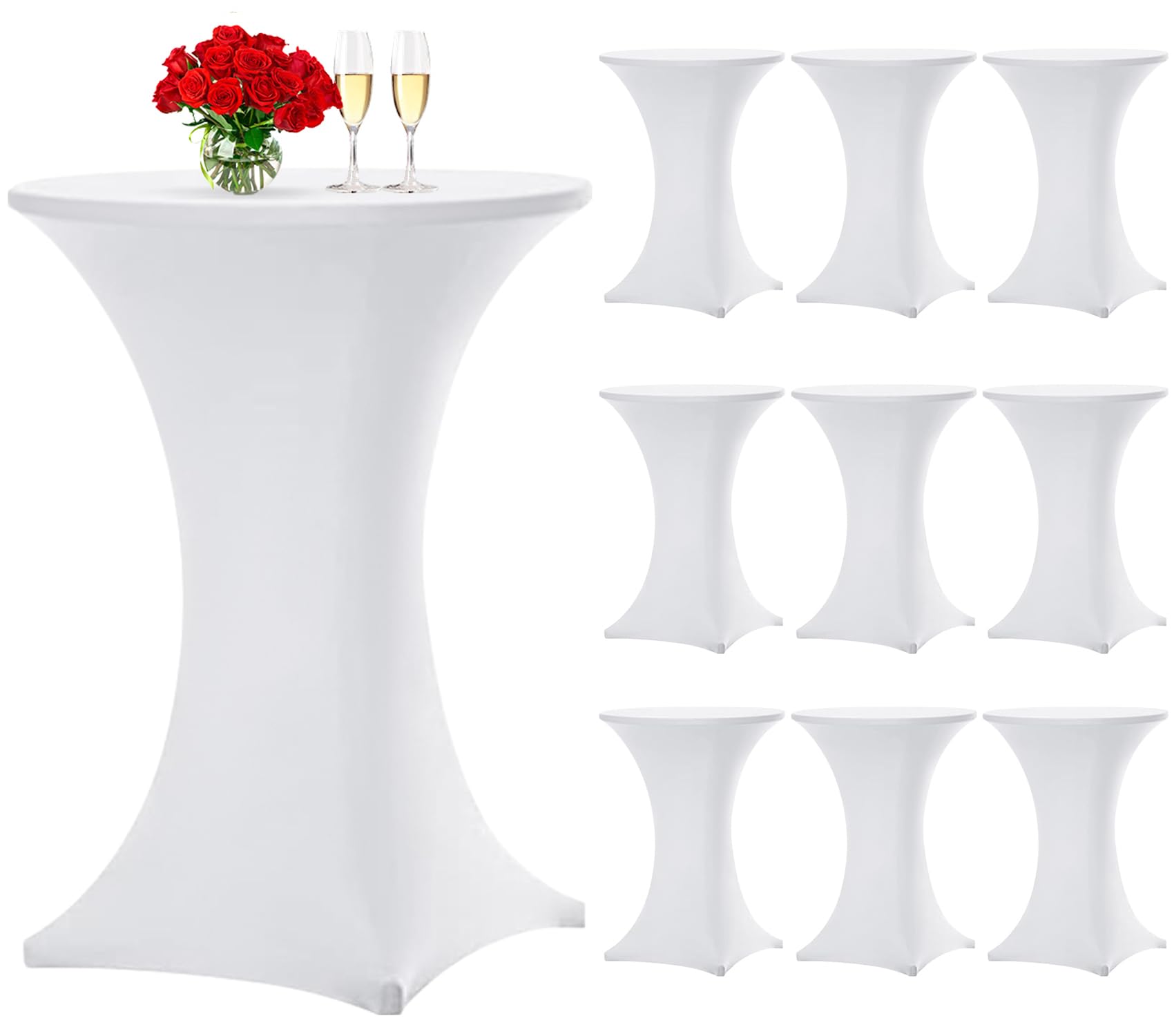 Teruntrue Confezione da 10 copritavolo rotondo in spandex per cocktail, 80 x 100 cm, angoli quadrati per cocktail alti elasticizzati per tavoli rotondi per feste di matrimonio, banchetti(bianco)