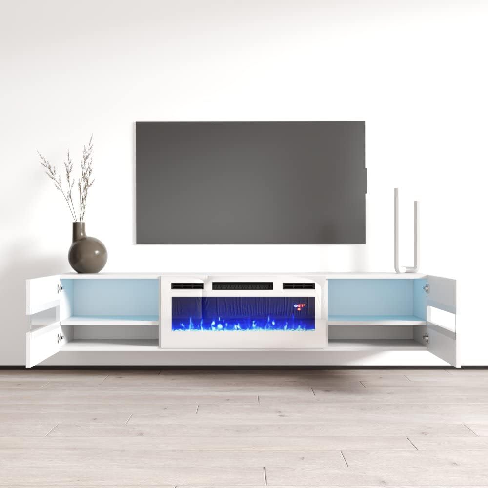 Meble Furniture Metro WH-EF TV Stand with its storage cabinets open, revealing internal shelving and the central electric fireplace unit.