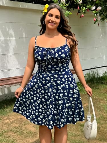Image of BEAUDRM Women's Plus Size Floral Cami Dress Bow Tie Knot Sleeveless A Line Flared Dresses
