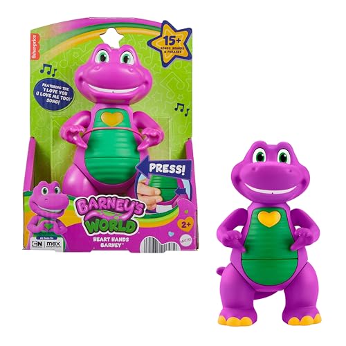 Barney Fisher-Price Il Mondo Mani a Cuore, personaggio musicale alto 14+ cm con luci e suoni, look ispirato alla serie animata, giocattolo per bambini, 2+ anni, JFF05