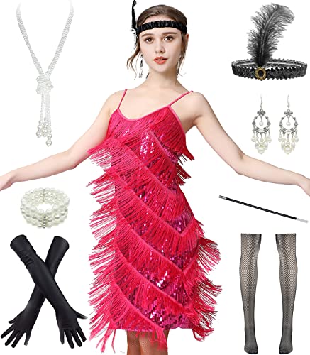 Image of Women 1920s Gatsby Flapper Dress Sexy Open Back Strap Fringed Cocktail Party Dress with 20s Accessories