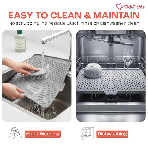 Image of Silicone Dish Drying Mat for Kitchen, Drying Mat for Kitchen Utensils Large 40x30cm with Built-in Drain Lip, BPA-Free Heat Resistant Dish Drying Mat for Countertop & Sink Area (Grey)