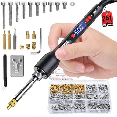 M5 Heat Set Insert Kit 261PCS Threaded Inserts 60W Soldering Iron, Heat Insert Tips, Nuts &amp; Screws, Threaded Insert Installation Tool Set with Stand and Tweezers for 3D Printing