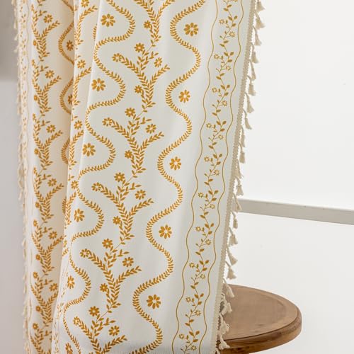 Image of Yellow Boho Curtains 84 Inch Long for Living Room, Bedroom, 2 Panels Floral Farmhouse Vintage Tassel Semi Sheer Light Filtering Privacy Window Curtains Drapes with Rod Pocket