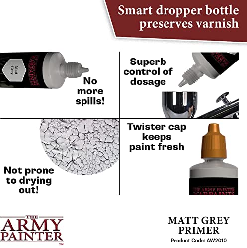 The Army Painter Airbrush Primer Matt Grey, 100ml Dropper Bottle Acrylic Paint Primer, Acrylic Airbrush Paint Primer for Airbrushing and Painting Wargaming Miniatures, Perfect for Tabletop Boardgames