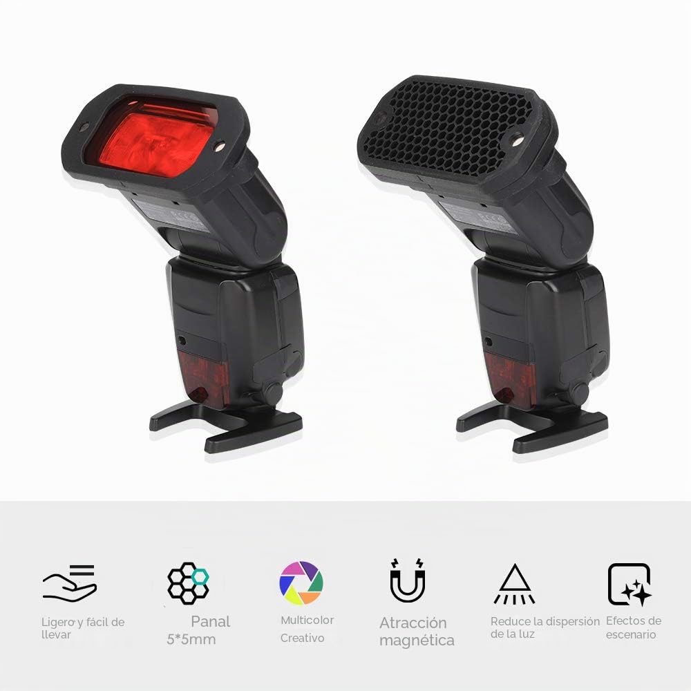 AODELAN Juego de filtros de gel de flash, rejilla universal de panal con kit de filtros de iluminación Speedlite de 8 colores para cámara Canon, Nikon, Sony, Godox y Yongnuo