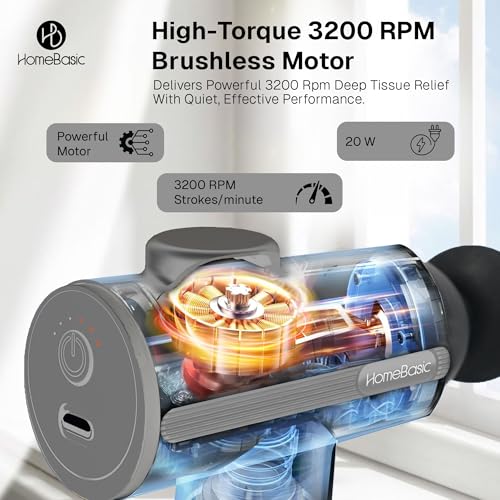 Image of HomeBasic Muscle Mate Massage Gun for Full Body Muscle Relaxation | Deep Tissue Percussion Massager Gun with 8 Heads, 6 Speed Levels, 3200 RPM | USB-C Rechargeable Body Massager for Neck, Back, Shoulder & Legs (Grey)