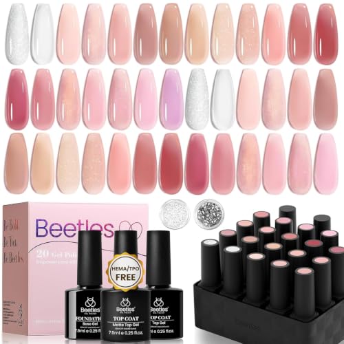Image of Beetles Nude Pink Gel Nail Polish Set, Nude Paradise Gel Polish Kit 25PCS 20 Colors Jelly Pink Sheer Glitter White Soak Off UV Base Glossy Matte Top Coat Nail Charms Gift for Women