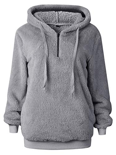 TEMOFON Women's Sherpa Hooded Sweatshirt Long Sleeve Fuzzy Fleece Zipper Pullover Winter Casual Coats Sweatshirts Solid Light Grey S
