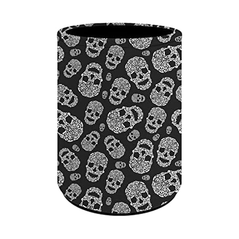 COEQINE Round Desk Pen Holder Pencil Cup with Skull Pattern Black,Makeup Brush Cup Holder Desk Organizer for Home Office,PU Leather Cover