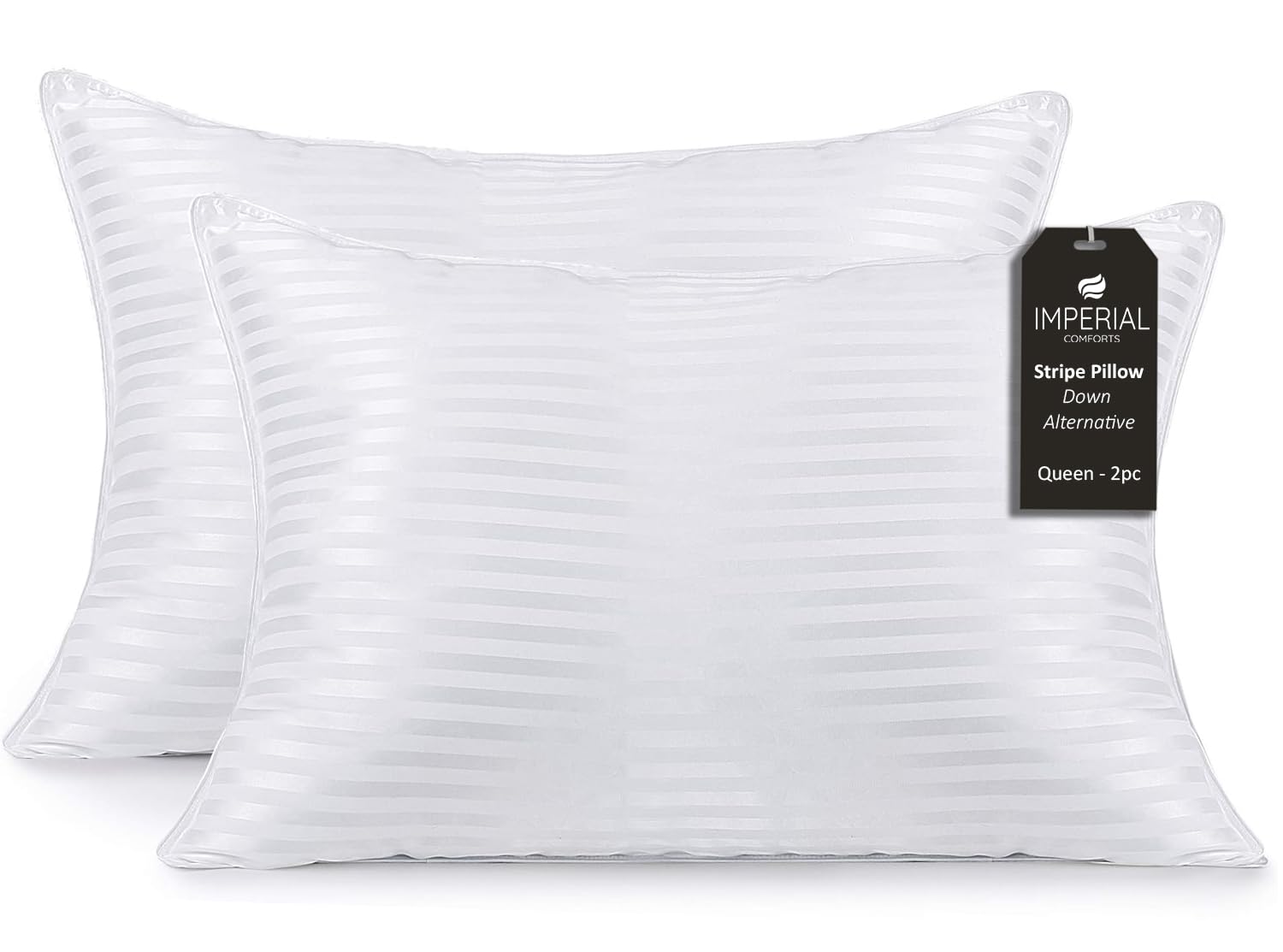 Imperial Comforts® Premium Luxury Hotel Quality Pillow for Sleeping – Cooling Down Alternative Stripe Cover for Side Back and Stomach Sleepers Queen Pack of 2