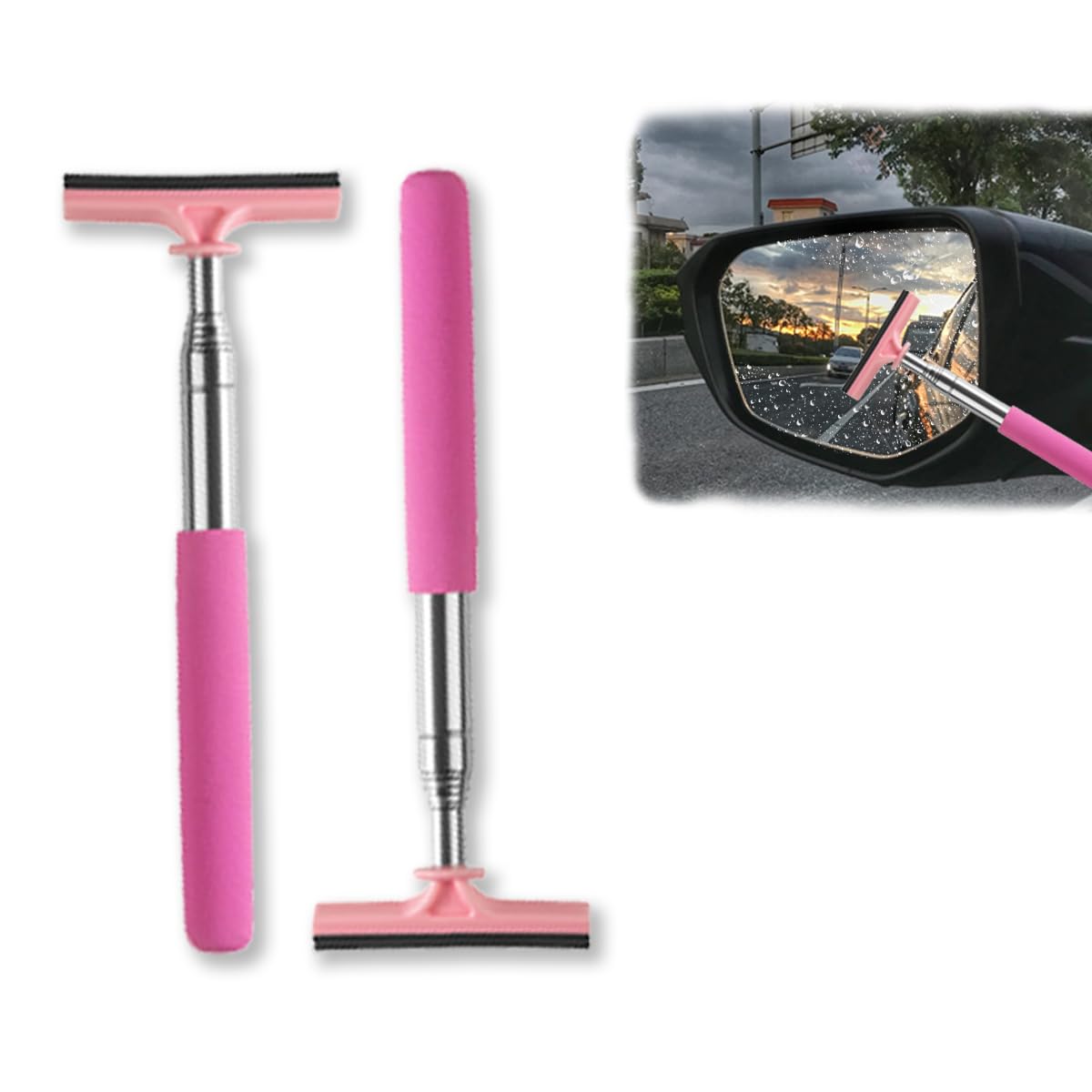 Car Rearview Mirror Retractable Wiper, Telescopic Long Rod Car Glass Squeegee Water Cleaner, Portable Cleaning Tool for All Vehicle Glass, Universal Automotive Accessories (Pink)