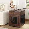 Piskyet Dog Crate Furniture,Wooden Dog Crate End Table with Storage Drawer&Cushion&Tray, QC3.0 Wireless Charging,Dual USB,Small Dogs Rustic Style
