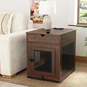 Piskyet Dog Crate Furniture,Wooden Dog Crate End Table with Storage Drawer&Cushion&Tray, QC3.0 Wireless Charging,Dual USB,Small Dogs Rustic Style