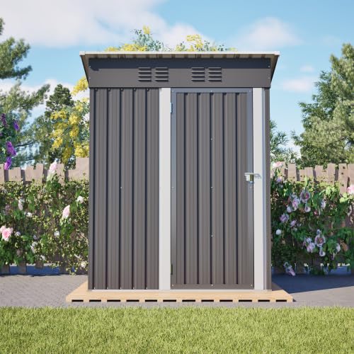 Caseta de metal para herramientas de 152 x 84 x 182 cm, con puerta con cerradura, techo plano con 1,27 m², resistente a la intemperie y segura para jardín, terraza y exterior