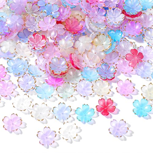 Xindojuz Lot de 100 mini perles colorées en forme de fleur de cerisier en acrylique plaqué or pour la fabrication de bijoux, breloques florales à 5 pétales...