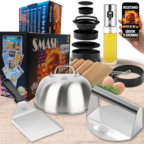 Kit Smash Burger - Set Professionnel en Acier Inoxydable Certifié Comprend Smasher écrase-hamburger, cloche à fondre, presse à hamburgers, spatule, spray d'huile, anneau à œufs, eBook de recettes.