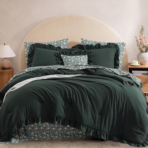 BLOOMHAVEN King Comforter Set - 7 Pieces Ruffle Forest Green