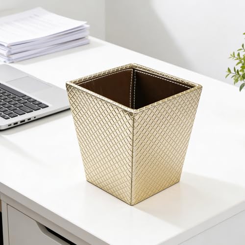 Image of Encasa XO Leather Dustbin for Home | 3 L (15x19 cm)(Small) Waste Bin for Bedroom, Washrooms, Kitchens Office, Hotel | Noise free, Floor Safe Trash Can | Textured Leather Garbage Bin - Light Gold