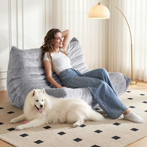 Image of Bean Bag Chair, 2 Seater Lazy Bean Bag Sofa Memory Foam Couch, Giant Bean Bag Chairs for Adults, Loveseat Fireside Chair for Living Room, Bedroom, Office(Light Grey)