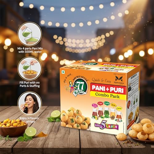 Image of 77 Green Pani Puri Combo Pack - Ready-to-Fry Crispy Golgappa Shells with Instant Spiced Pani Mix | Street-Style Indian Chaat Snack | Party Appitizer | No Added Colors or Preservatives
