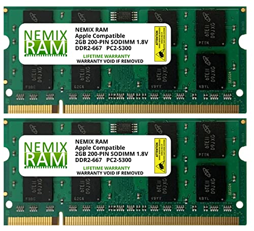 NEMIX RAM 4GB (2X2GB) DDR2 667MHz PC2-5300 2Rx8 1.8V 200-PIN Non-ECC SODIMM Laptop Memory KIT Compatible with Apple MacBook, MacBook Pro, and iMac