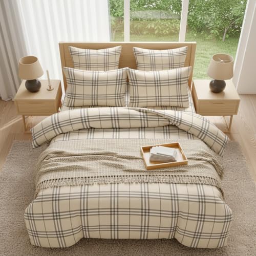 Image of Nayoroom Plaid Duvet Cover Queen Size Vintage Tan Cream Gingham Checkered Duvet Cover Dorm Bedding Set 3 Pieces Soft Lightweight Microfiber Farmhouse Bedding Set Gifts for Women Men