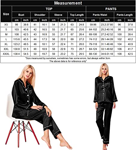 Swomog Satin Women Pyjamas Set Long Sleeve Pyjamas Button-Down Sleepwear Soft Silk Pjs Black - 6