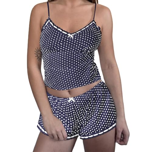 Image of Yuemengxuan Women Y2k Polka Dot Pajamas Sets 2 Piece Sexy Summer Outfits Set Sleeveless Strappy Cami Top Crop Top Shorts Set