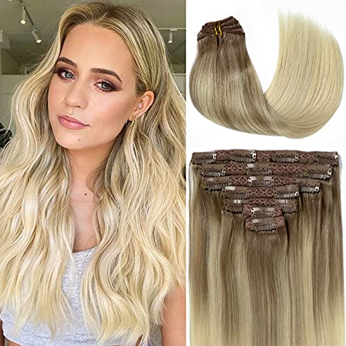 Anrosa Remy Human Hair Blonde Highlights Clip-in Extensions, Balayage Color Chestnut Brown Fading to Bleach Blonde, Real Remy Human Hair 140 Gram 20 Inch 7 Pieces